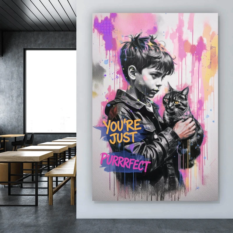 Acrylglasbild Junge mit Katze You are Just perfect Popart Hochformat