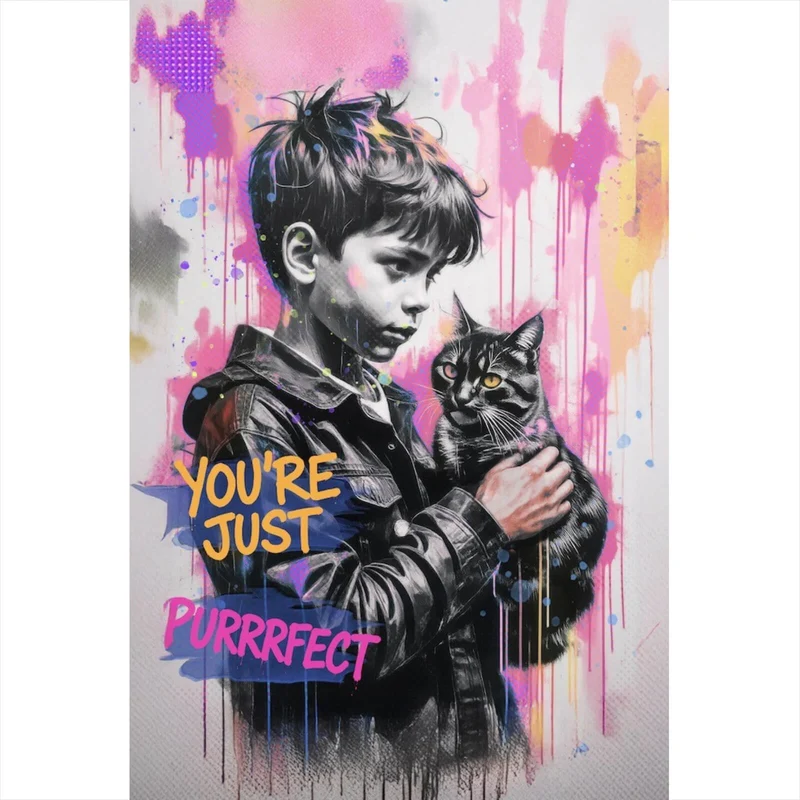Aluminiumbild Junge mit Katze You are Just perfect Popart Hochformat