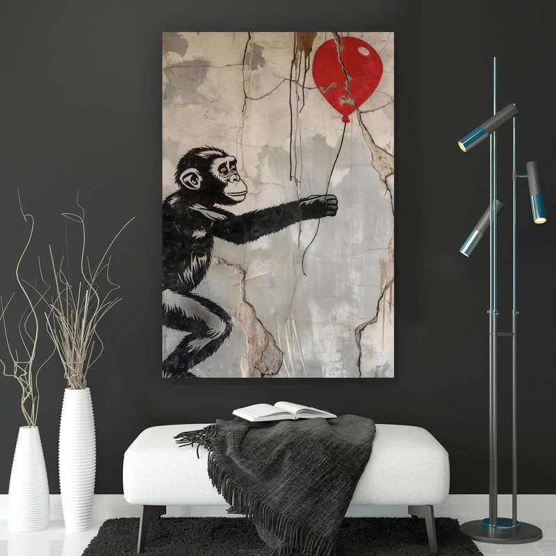 Spannrahmenbild Affe hält roten Ballon Street Art Hochformat