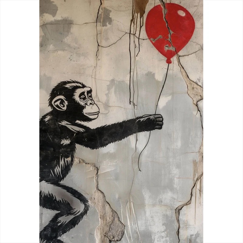 Spannrahmenbild Affe hält roten Ballon Street Art Hochformat
