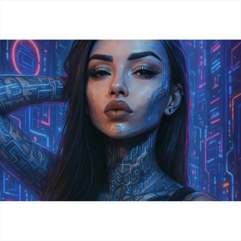 Poster Katjahlix Cyberpunk-Frau mit leuchtenden Tattoos und futuristischem Hintergrund Querformat