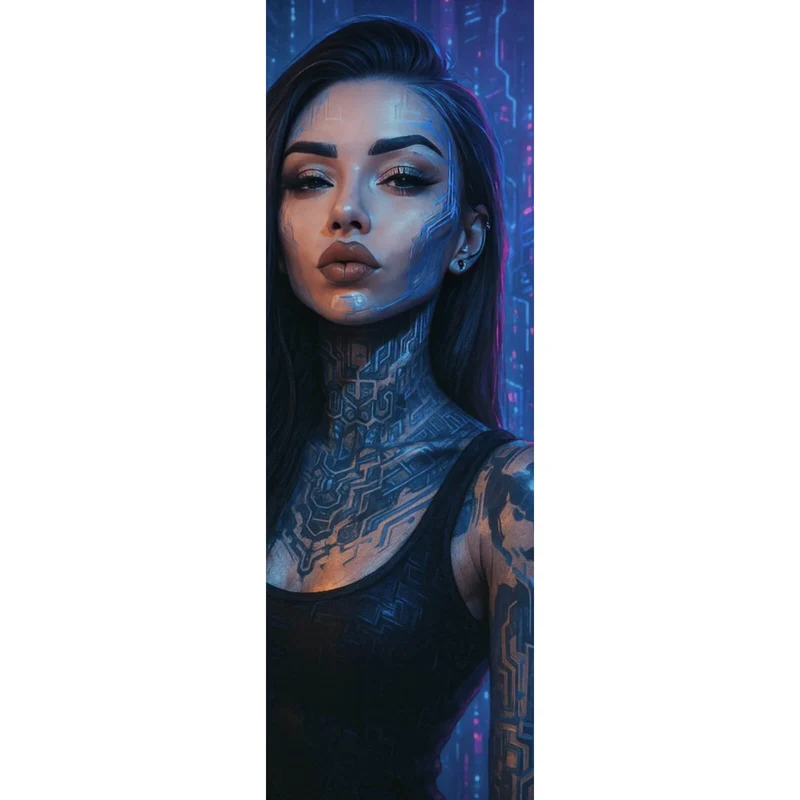 Poster Katjahlix Cyberpunk-Frau mit leuchtenden Tattoos und futuristischem Hintergrund Panorama Hoch