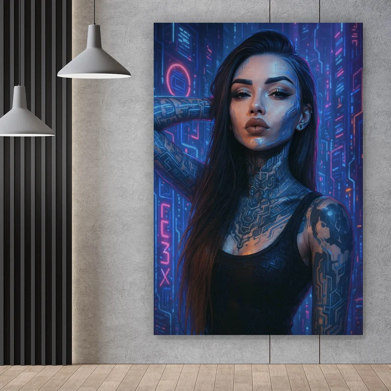 Acrylglasbild Katjahlix Cyberpunk-Frau mit leuchtenden Tattoos und futuristischem Hintergrund Hochformat