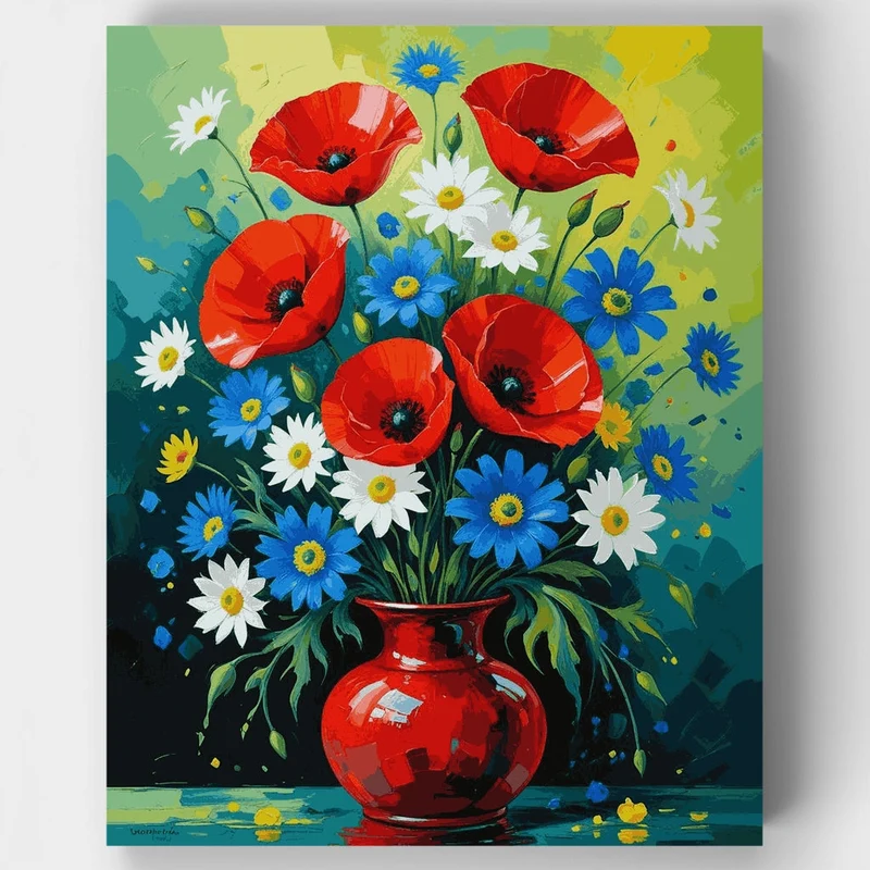 Vibrant Wildflower Bouquet in Red Vase - Paint by Numbers Kit