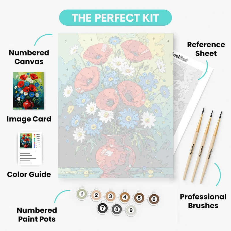 Vibrant Wildflower Bouquet in Red Vase - Paint by Numbers Kit