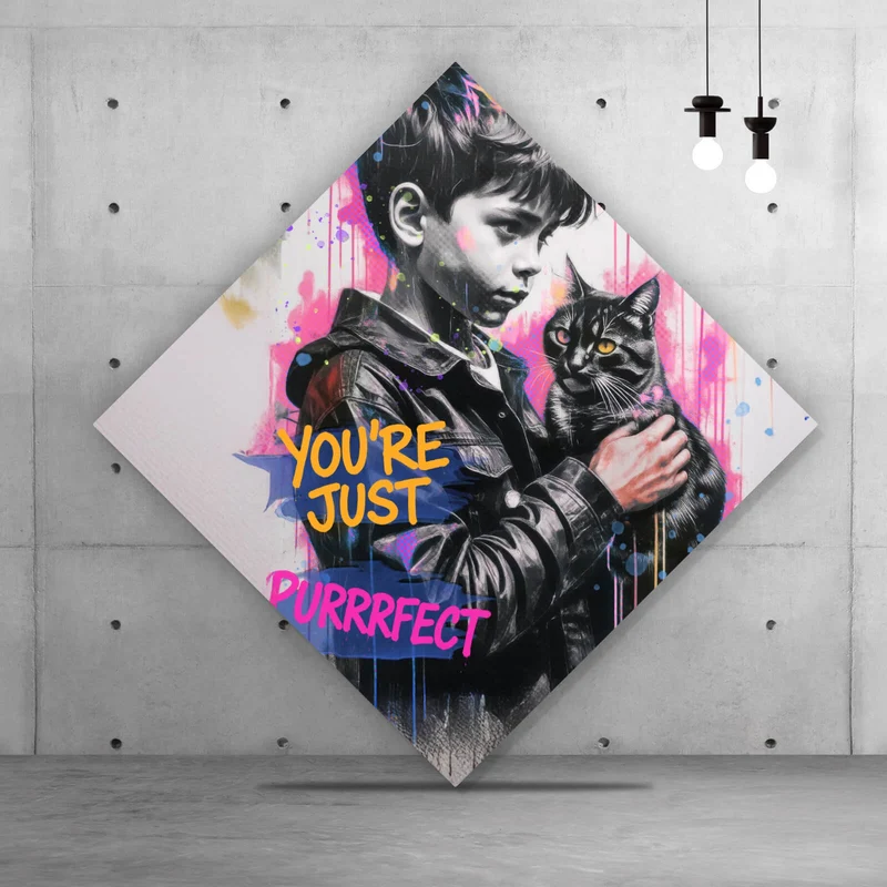 Aluminiumbild gebürstet Junge mit Katze You are Just perfect Popart Raute