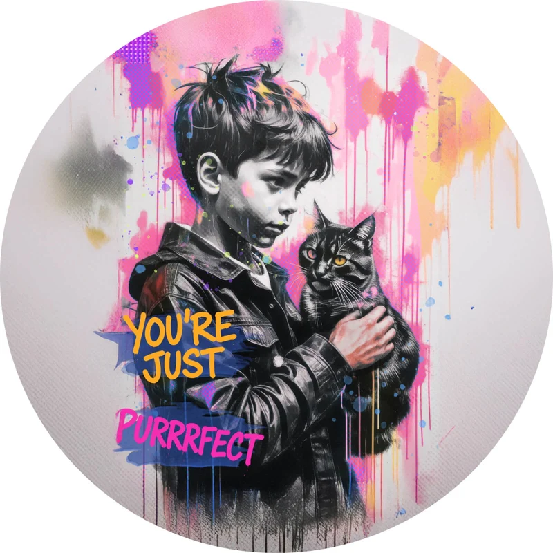 Aluminiumbild gebürstet Junge mit Katze You are Just perfect Popart Kreis
