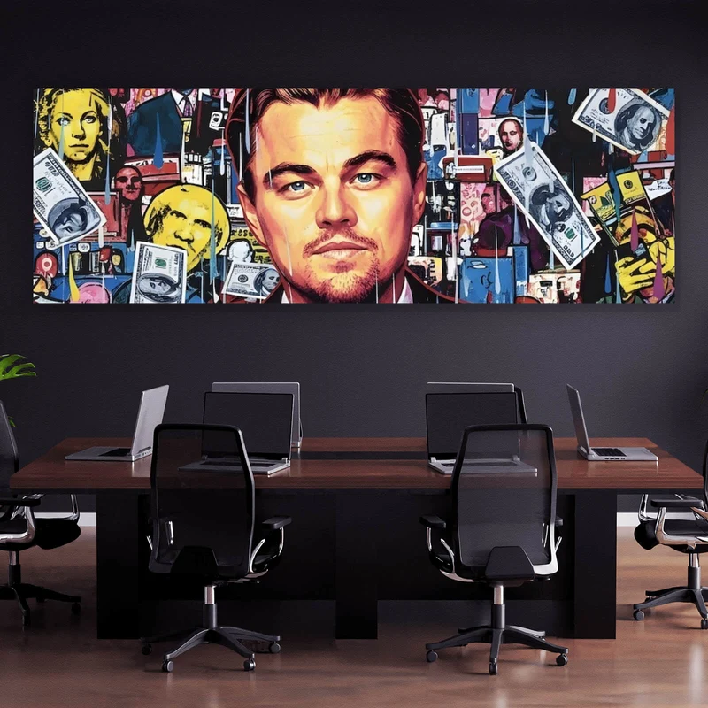 Spannrahmenbild Leonardo mit Geldschein vor buntem Hintergrund Panorama