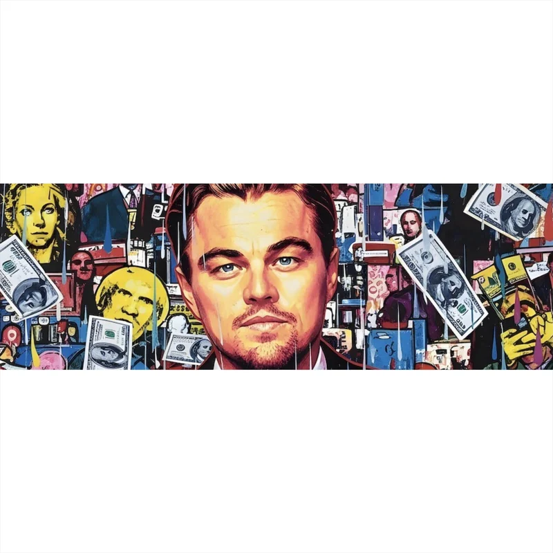 Spannrahmenbild Leonardo mit Geldschein vor buntem Hintergrund Panorama