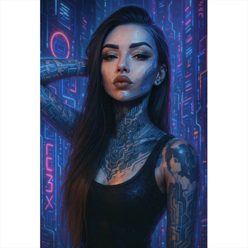 Poster Katjahlix Cyberpunk-Frau mit leuchtenden Tattoos und futuristischem Hintergrund Hochformat