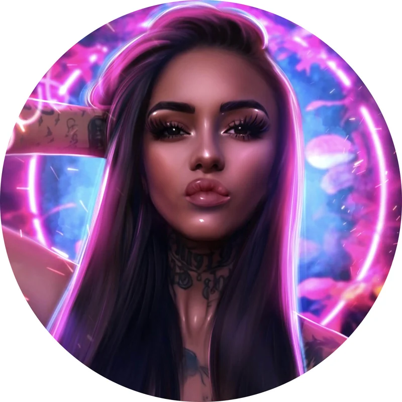 Aluminiumbild gebürstet Katjahlix Neonbeleuchtete Frau mit langen Haaren und Tattoos Kreis