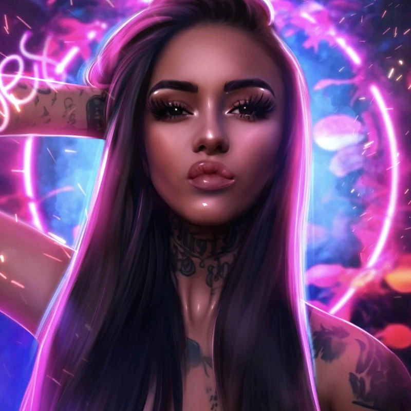 Aluminiumbild Katjahlix Neonbeleuchtete Frau mit langen Haaren und Tattoos Quadrat