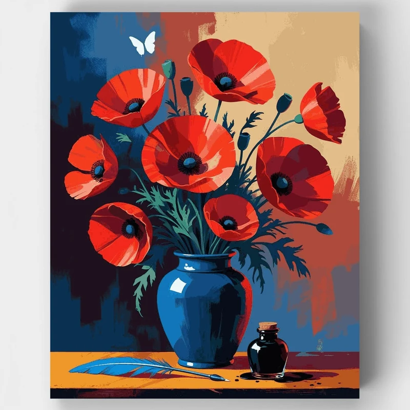 Red Poppies in Blue Vase - Paint by Numbers Kit