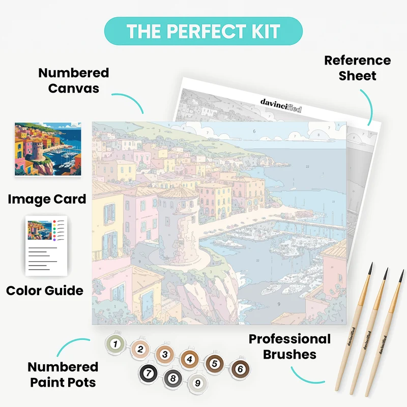 Mediterranean Coastal Colorful Harbor - Paint by Numbers Kit