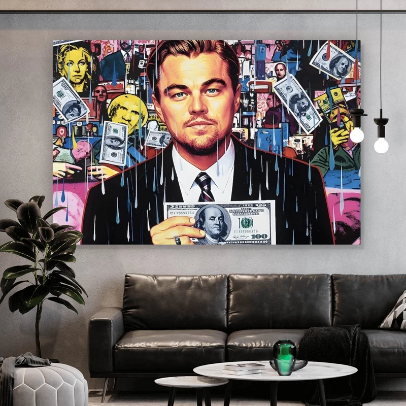 Aluminiumbild Leonardo mit Geldschein vor buntem Hintergrund Querformat