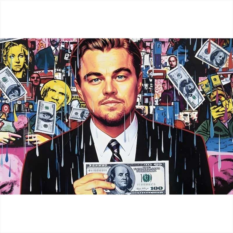 Leinwandbild Leonardo mit Geldschein vor buntem Hintergrund Querformat