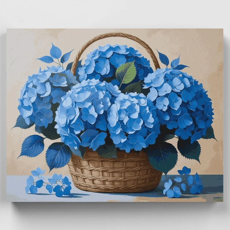Blue Hydrangeas in Wicker Basket - Paint by Numbers Kit