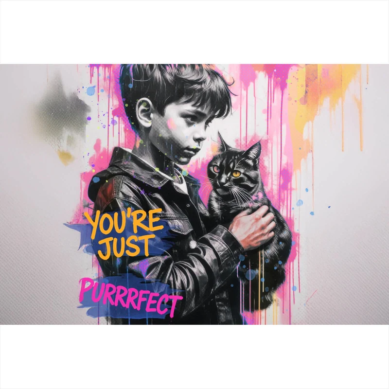 Aluminiumbild Junge mit Katze You are Just perfect Popart Querformat