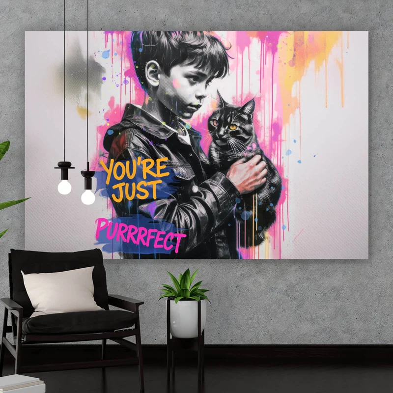 Leinwandbild Junge mit Katze You are Just perfect Popart Querformat