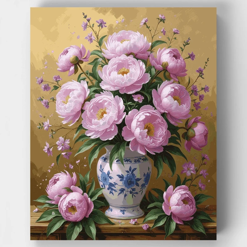 Pink Peonies in Blue and White Vase - Paint by Numbers Kit