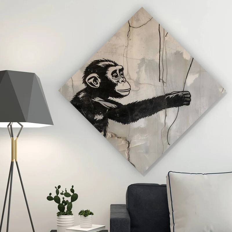 Leinwandbild Affe hält roten Ballon Street Art Raute
