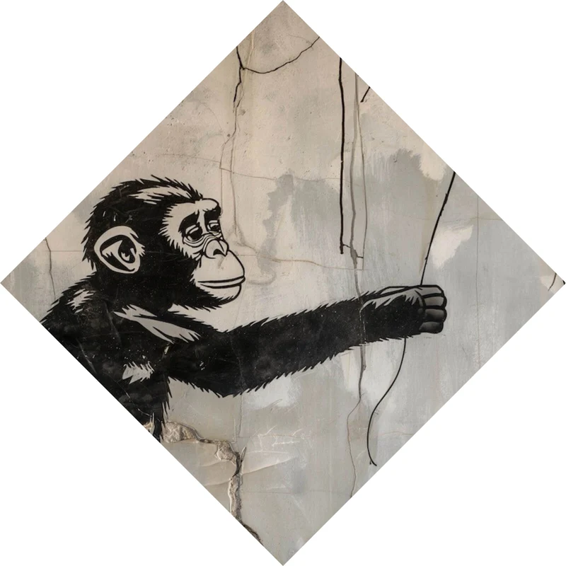 Leinwandbild Affe hält roten Ballon Street Art Raute