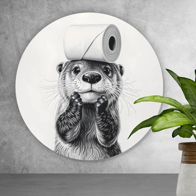 Aluminiumbild gebürstet Niedlicher Otter balanciert Toilettenpapier auf dem Kopf Kreis