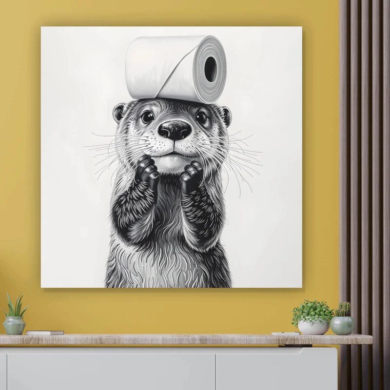 Spannrahmenbild Niedlicher Otter balanciert Toilettenpapier auf dem Kopf Quadrat