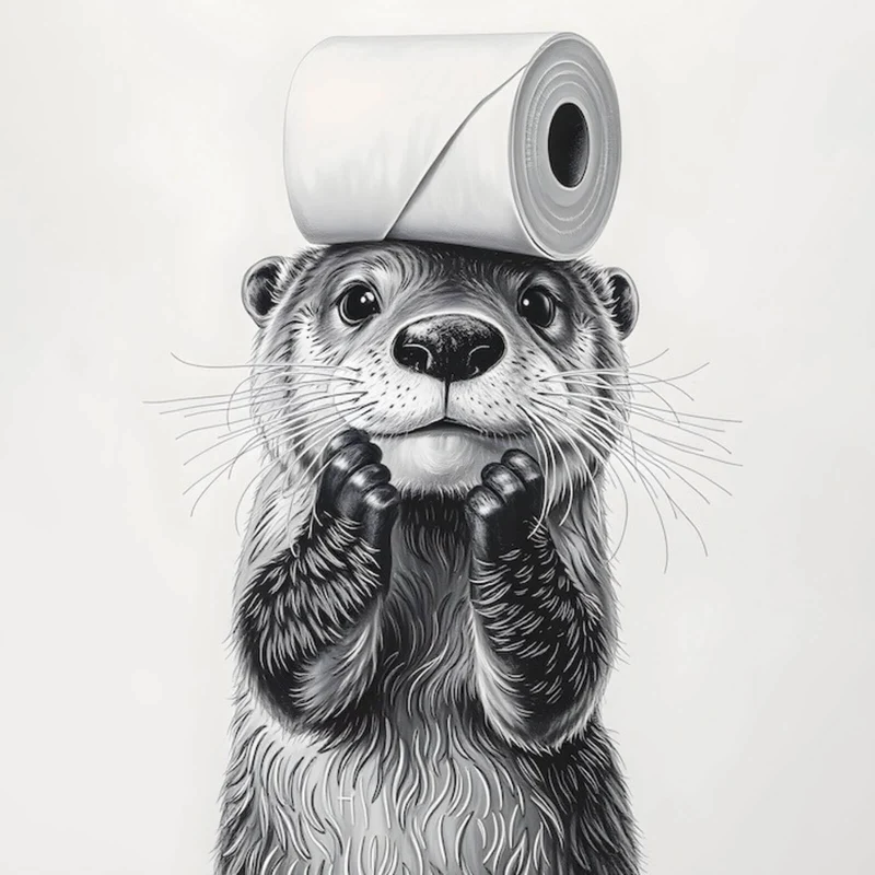 Aluminiumbild gebürstet Niedlicher Otter balanciert Toilettenpapier auf dem Kopf Quadrat