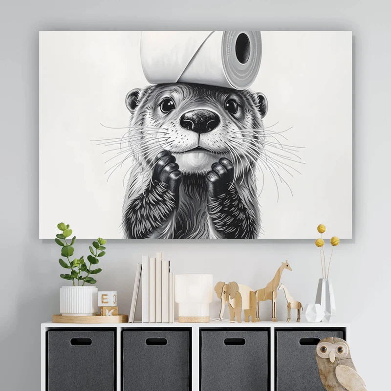 Aluminiumbild gebürstet Niedlicher Otter balanciert Toilettenpapier auf dem Kopf Querformat