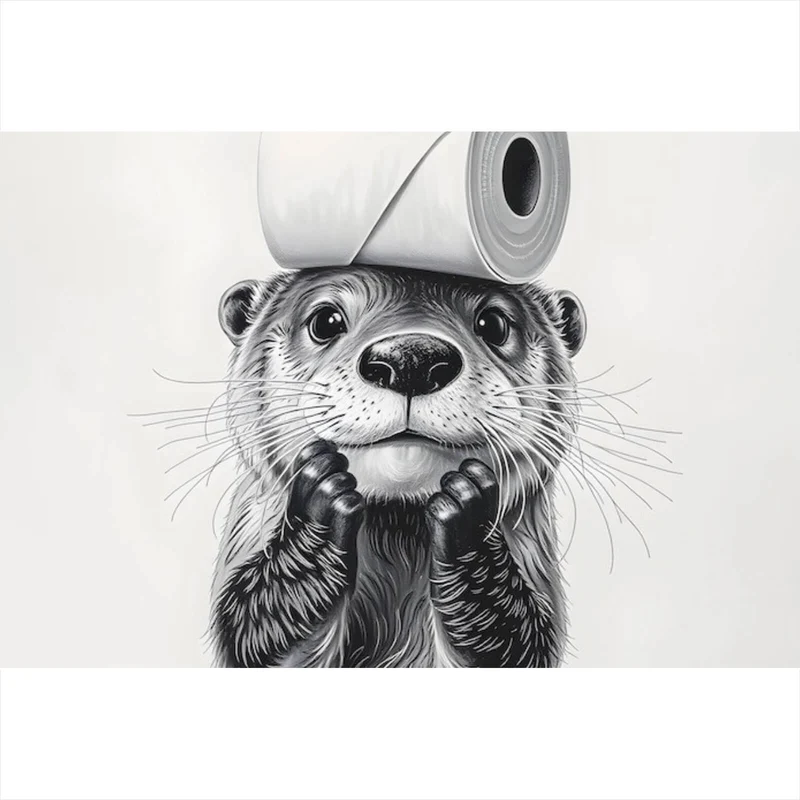 Poster Niedlicher Otter balanciert Toilettenpapier auf dem Kopf Querformat