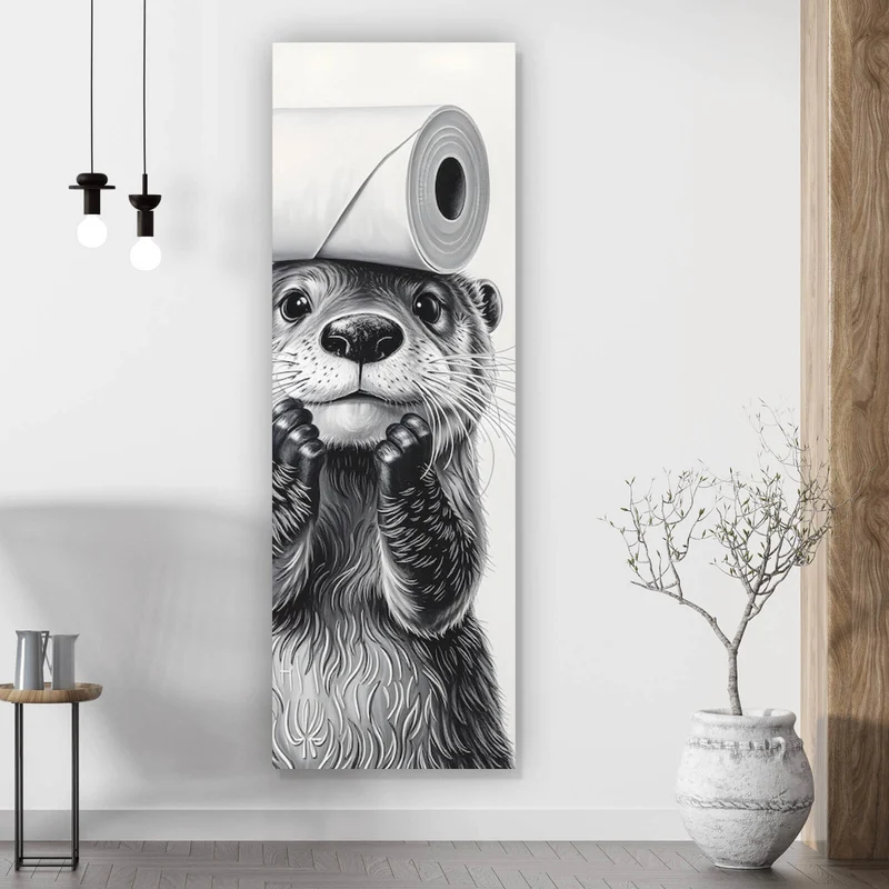 Spannrahmenbild Niedlicher Otter balanciert Toilettenpapier auf dem Kopf Panorama Hoch