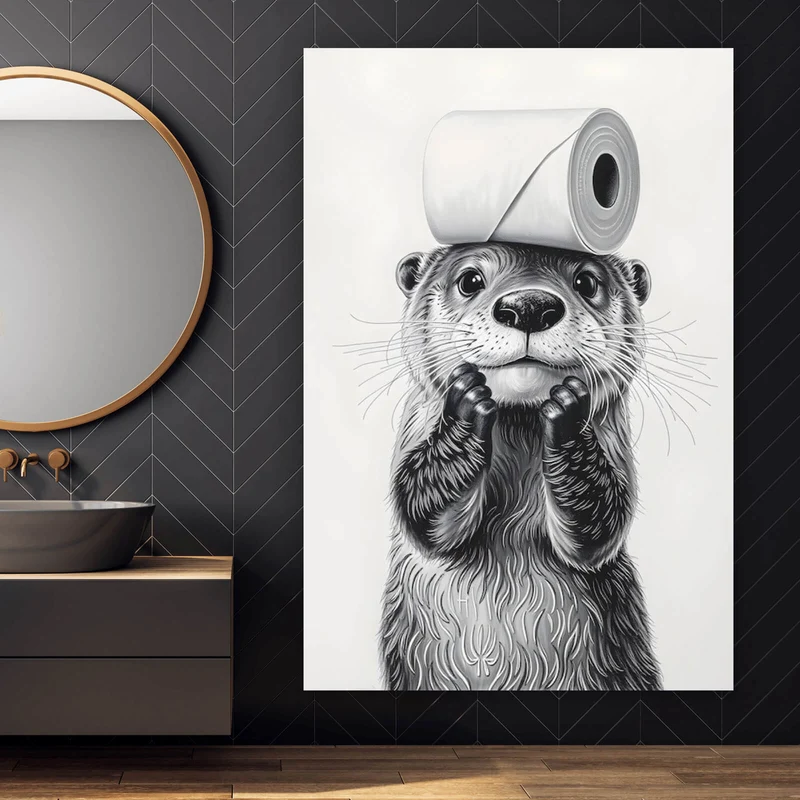 Acrylglasbild Niedlicher Otter balanciert Toilettenpapier auf dem Kopf Hochformat