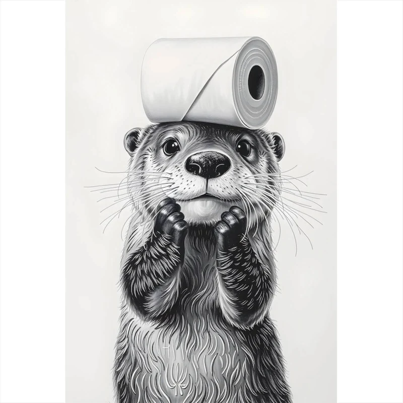 Aluminiumbild gebürstet Niedlicher Otter balanciert Toilettenpapier auf dem Kopf Hochformat