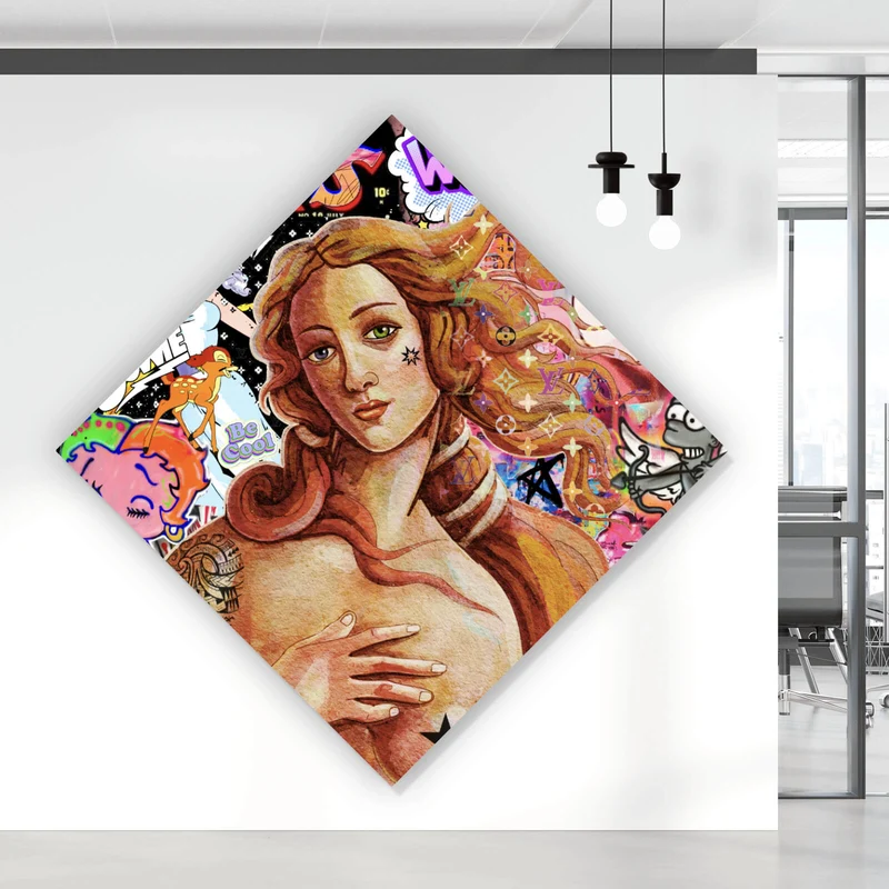 Aluminiumbild Pop Art Venus mit Comic Figuren Raute