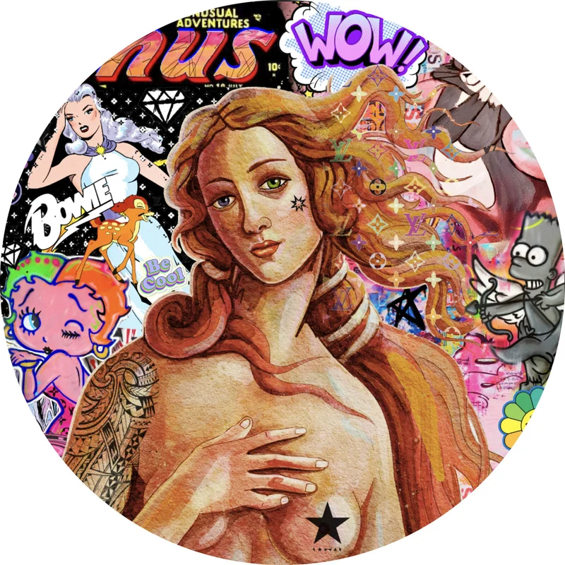 Aluminiumbild gebürstet Pop Art Venus mit Comic Figuren Kreis