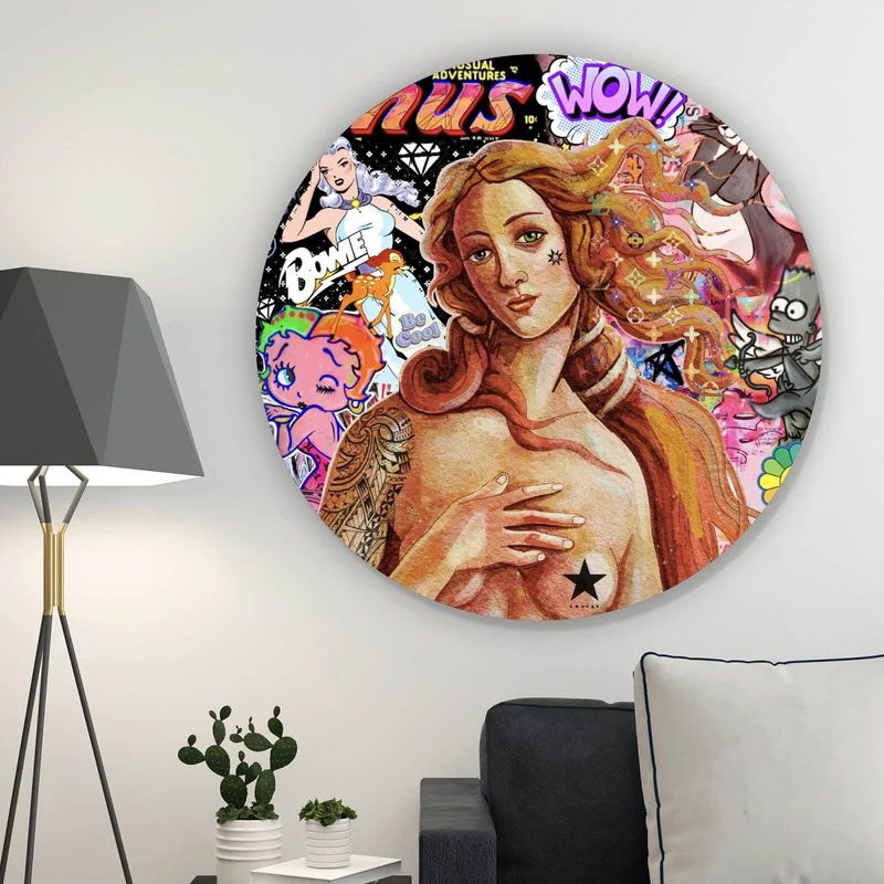 Aluminiumbild Pop Art Venus mit Comic Figuren Kreis