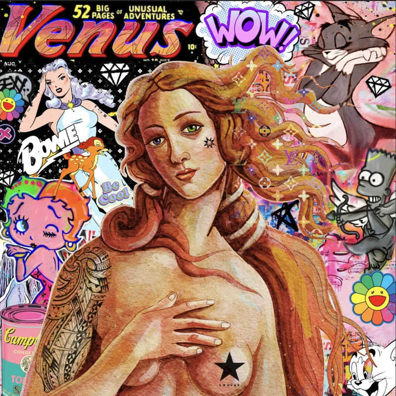 Acrylglasbild Pop Art Venus mit Comic Figuren Quadrat