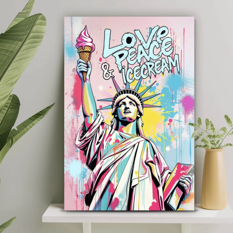 Aluminiumbild Freiheitsstatue mit Ice Cream im Pop Art Stil Hochformat