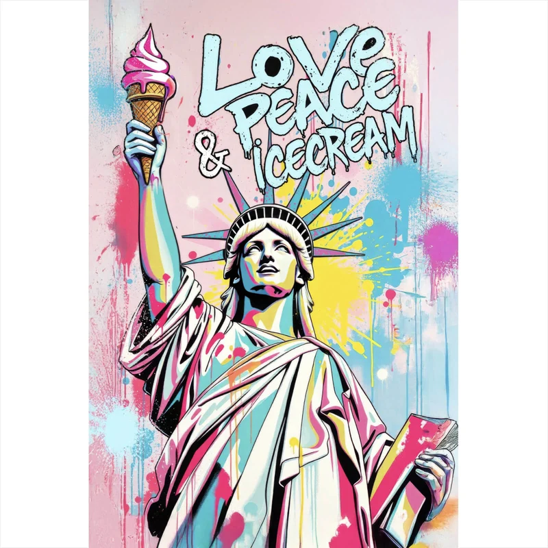 Aluminiumbild Freiheitsstatue mit Ice Cream im Pop Art Stil Hochformat