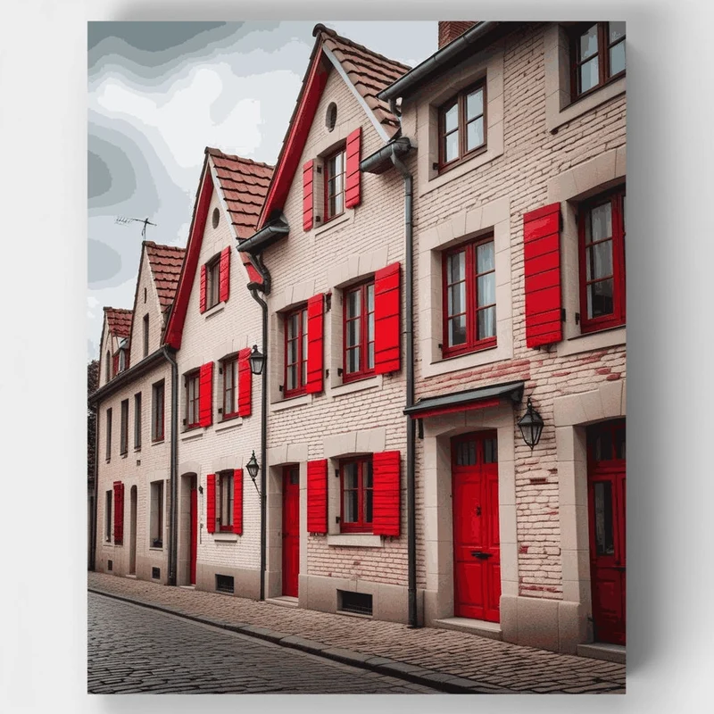 European Village Street with Red Shutters - Paint by Numbers Kit