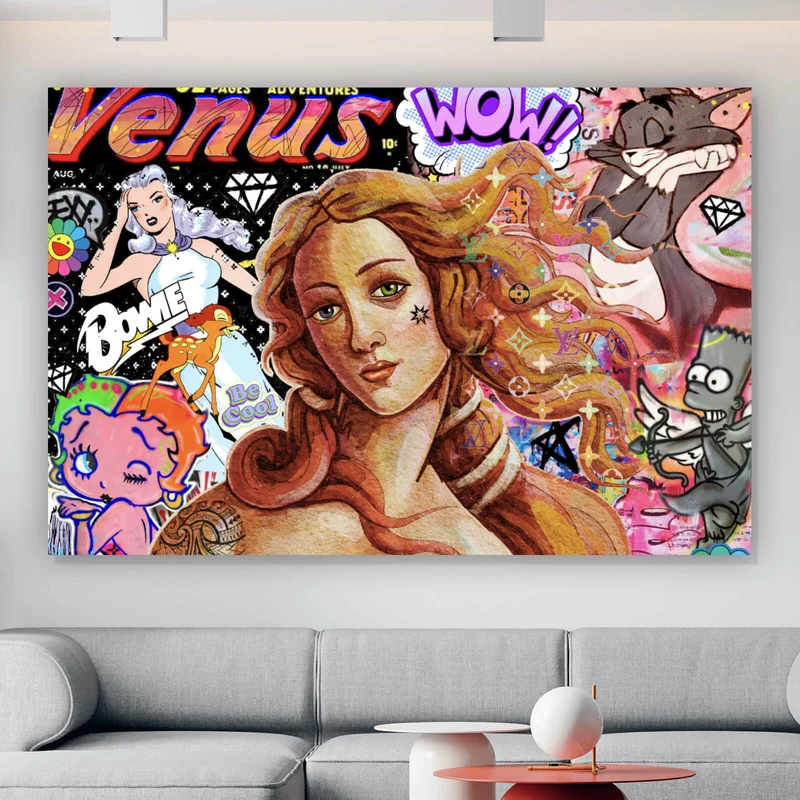Leinwandbild Pop Art Venus mit Comic Figuren Querformat