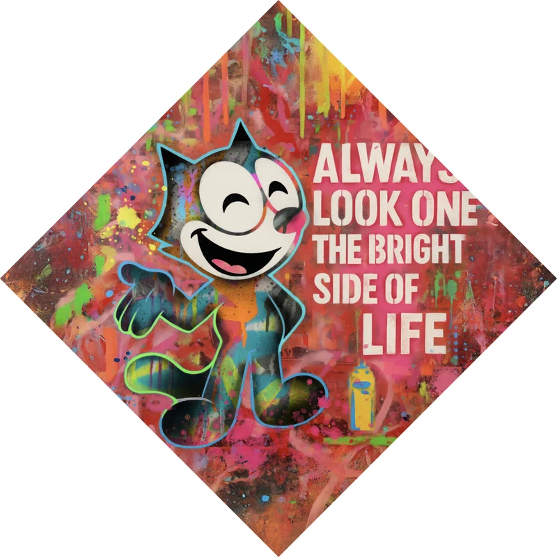 Spannrahmenbild Cartoon Katze mit buntem Farbspritzer Hintergrund Raute