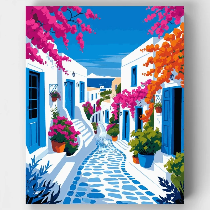 Greek Island Village Street - Paint by Numbers Kit