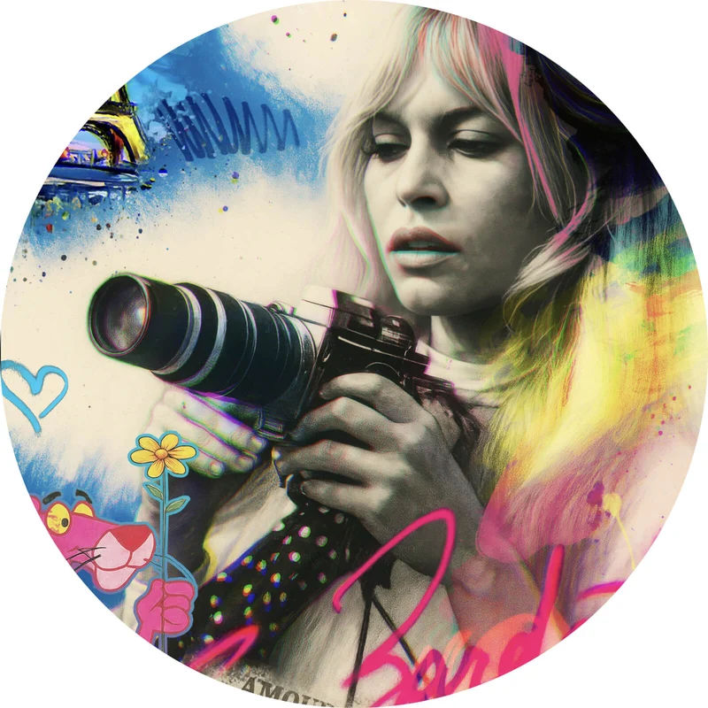 Aluminiumbild gebürstet Französische Film Ikone im Graffiti Stil Kreis