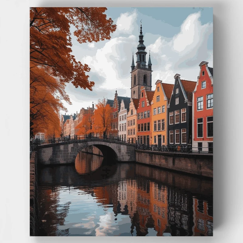 Amsterdam Canal Houses in Autumn - Paint by Numbers Kit