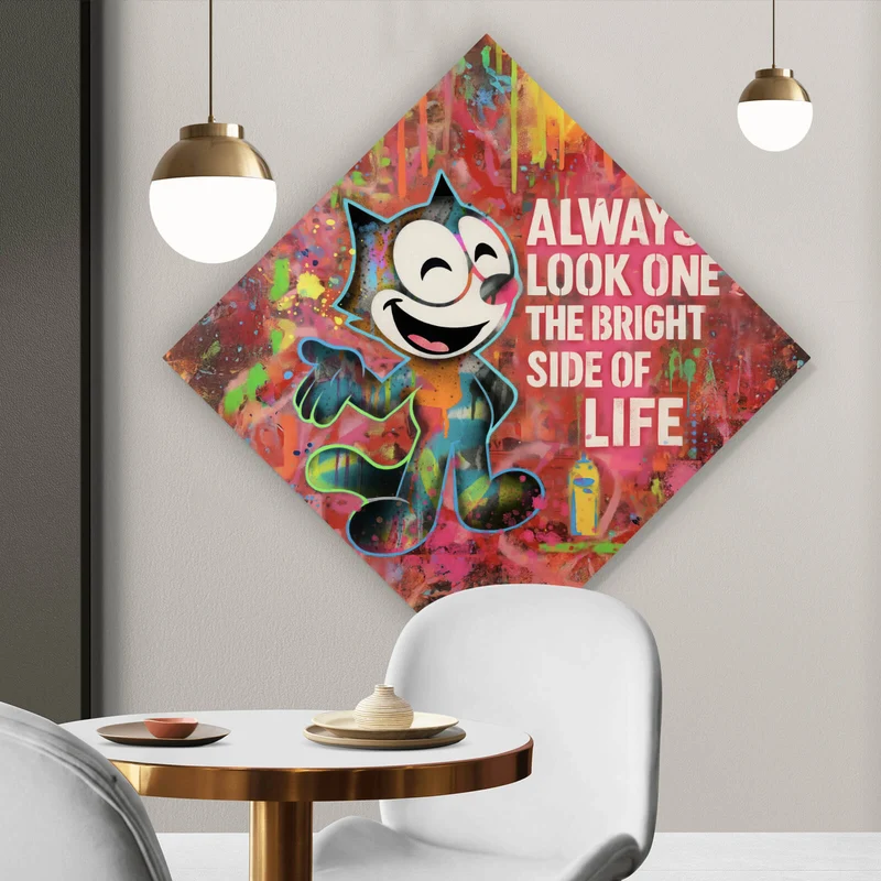 Poster Cartoon Katze mit buntem Farbspritzer Hintergrund Raute