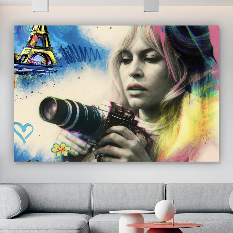 Aluminiumbild gebürstet Französische Film Ikone im Graffiti Stil Querformat