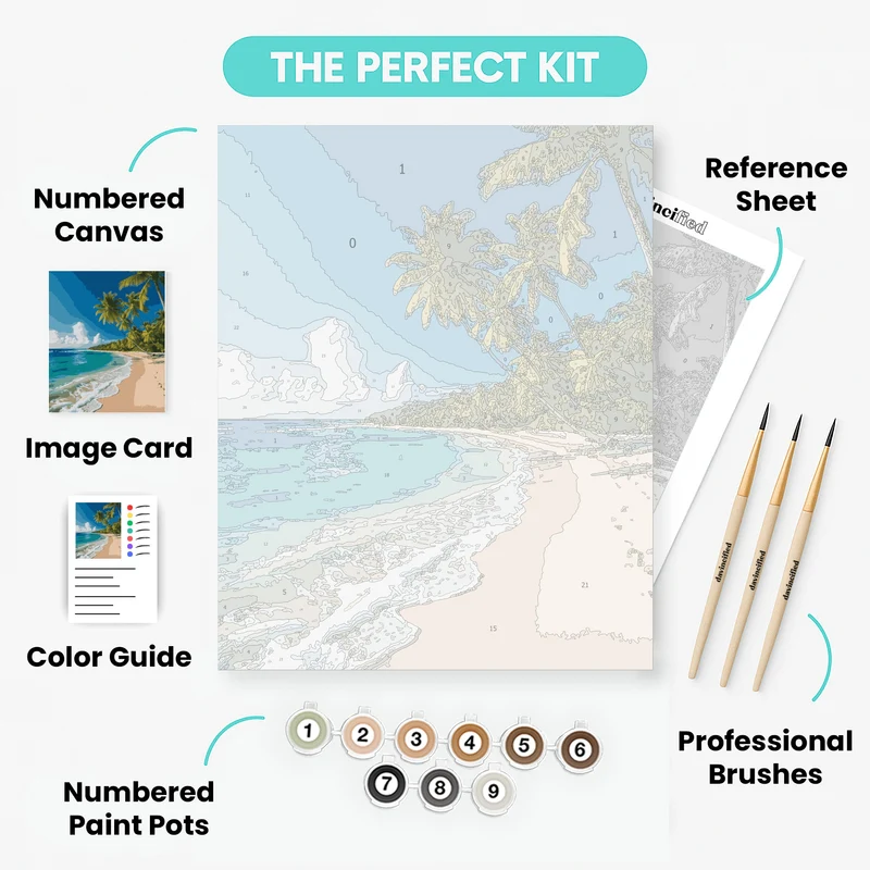 Pristine Tropical Beach with Palm Trees - Paint by Numbers Kit
