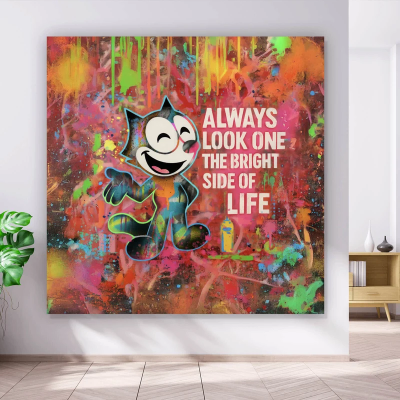Leinwandbild Cartoon Katze mit buntem Farbspritzer Hintergrund Quadrat